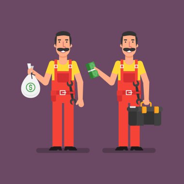 Tesisatçı paket para ve gülümseyen çanta para tutar tutar. Vektör çizim.