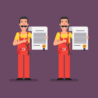 Tesisatçı sözleşme ve gülümseyen tutar. Vektör çizim.