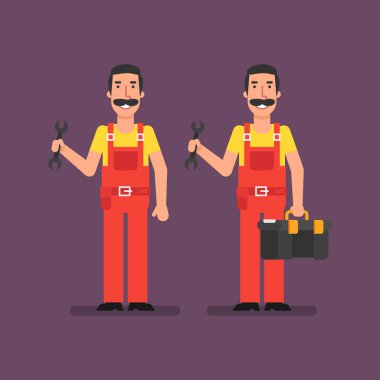 Tesisatçı bavul ve gülümseyen anahtarı tutar tutar. Vektör çizim.