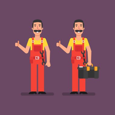 Tesisatçı Yaşasın bavul ve gülümseyen tutar gösterilir. Vektör çizim.