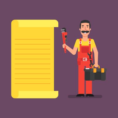 Tesisatçı liste duruyor ve beyinameliyatı bavul tutar. Vektör çizim.