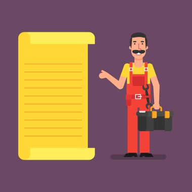 Tesisatçı liste duruyor ve bavul el tutar gösterir. Vektör çizim.