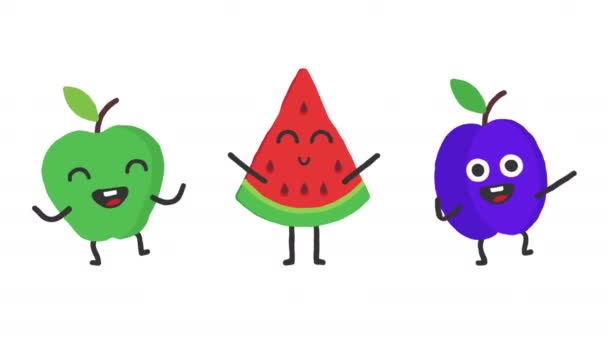 Definir Frutas Dançantes Maçã Melancia Ameixa Animação Loop Canal Alfa — Vídeo de Stock