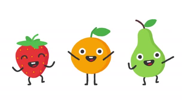 Set Dancing Fruits Strawberry Orange Pear Loop Animation Alpha Channel — Stock Video