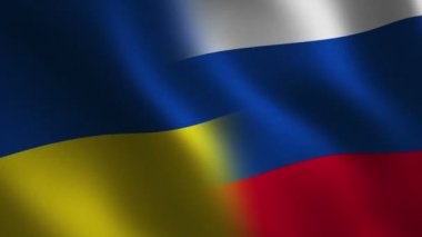 Ukrayna ve Rusya bayrağı sallayarak 3d. Arka plan. Animasyon döngüsü. Hareketli grafikler