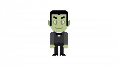 Vampir sevinir ve parmak işaret eder. Cadılar Bayramı karakter. Alfa kanalı. Animasyon döngüsü. Hareketli grafikler.