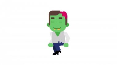 Zombi yürüme ve gülümseyen mutlu. Cadılar Bayramı karakter. Alfa kanalı. Animasyon döngüsü. Hareketli grafikler.