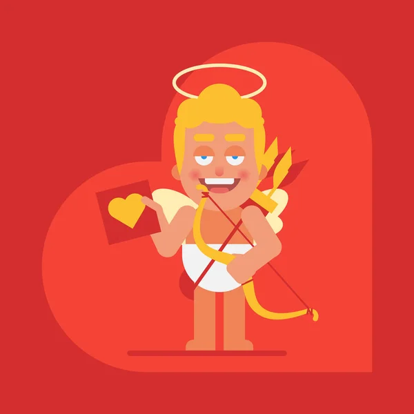 Cupid Memegang Valentine Dan Tersenyum Karakter Kartun Kartu Valentine Ilustrasi - Stok Vektor