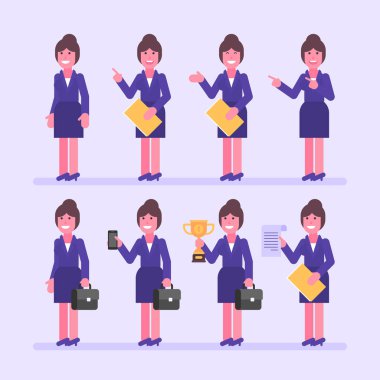 İş kadını bavul klasör ve çeşitli nesneleri tutar. Karakter