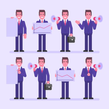 İşadamı megafon işareti ve çeşitli nesneleri tutar. Karakter 