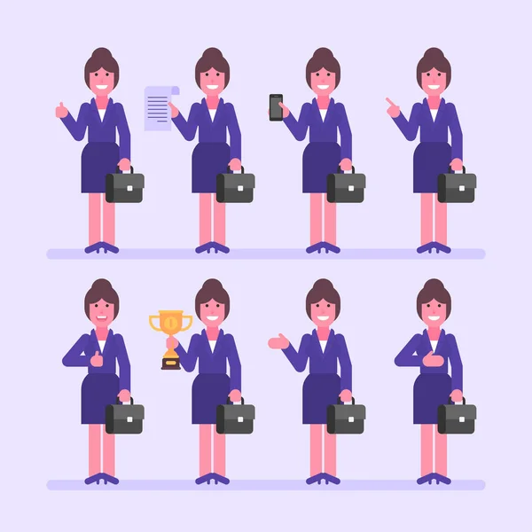 Mujer de negocios sostiene maleta y varios objetos. Conjunto de caracteres — Vector de stock