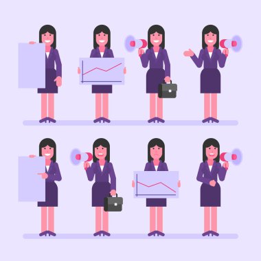 İş kadın esmer megafon işareti ve çeşitli nesneleri tutar