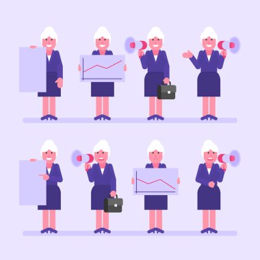 Eski iş kadını megafon işareti ve çeşitli nesneleri tutar. Cha