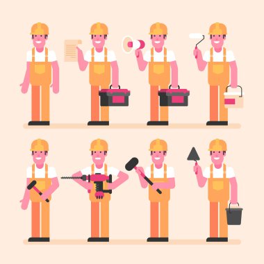 Builder yarısı döndü ve çeşitli öğeleri tutar. Karakter kümesi