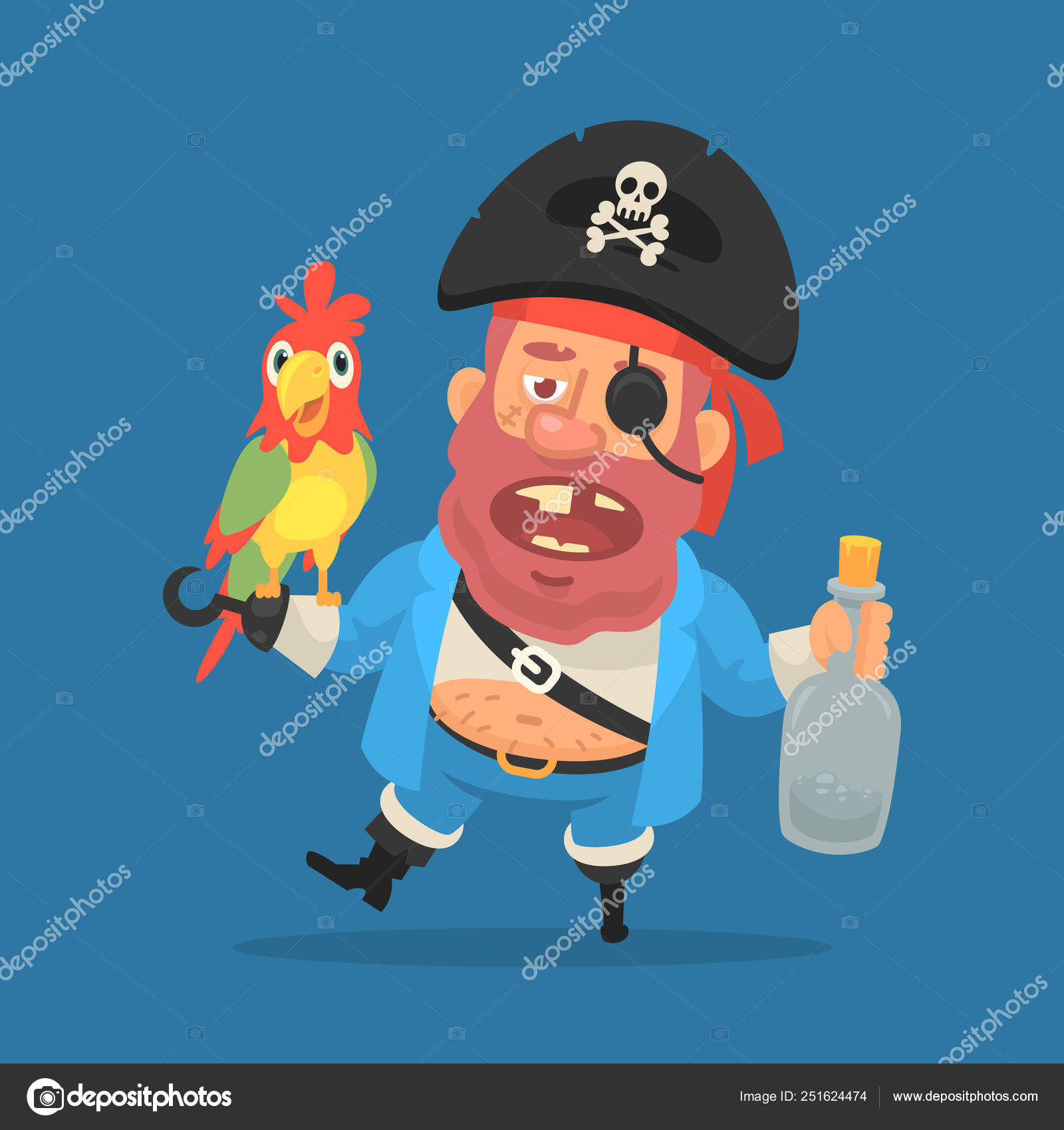 앵무새와 럼의 병을 들고 술 취한 해 적. 재미 있는 캐릭터 스톡 벡터 - ©tsirikmen 251624474
