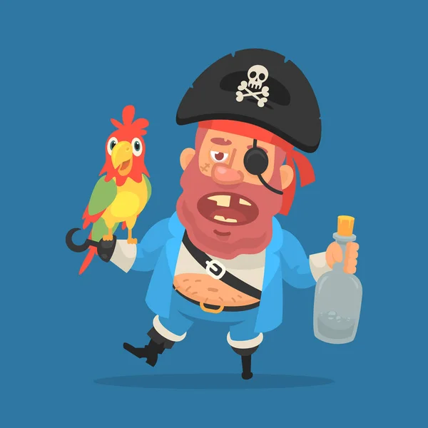 Drunk pirate holding parrot and bottle of rum. Funny character — Stock Vector