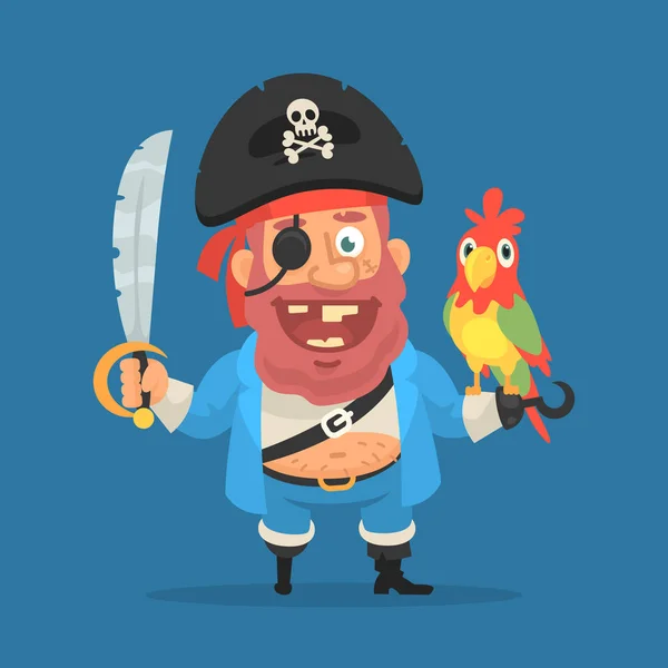 Pirate holds parrot and sword. Funny character — Stock Vector