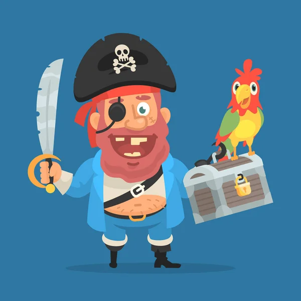 Pirate smiles holding parrot sword and suitcase with treasure. F — Stock Vector