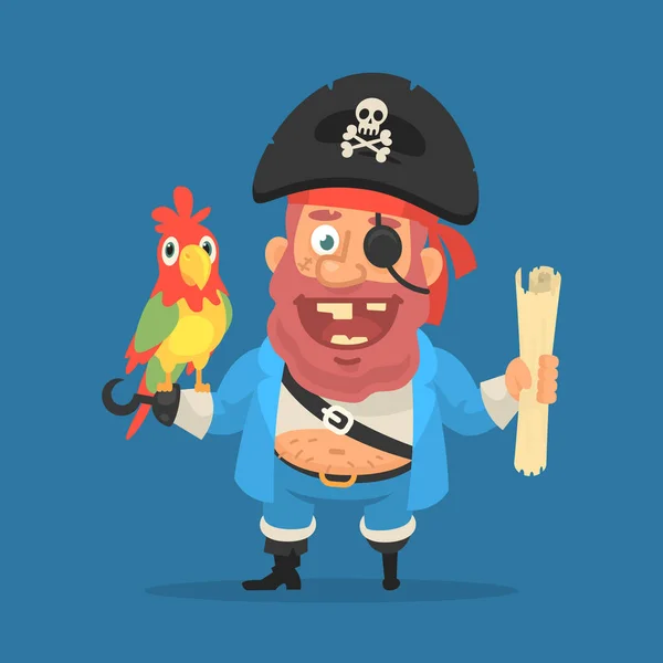 Pirate holds parrot and treasure map. Funny character — Stock Vector