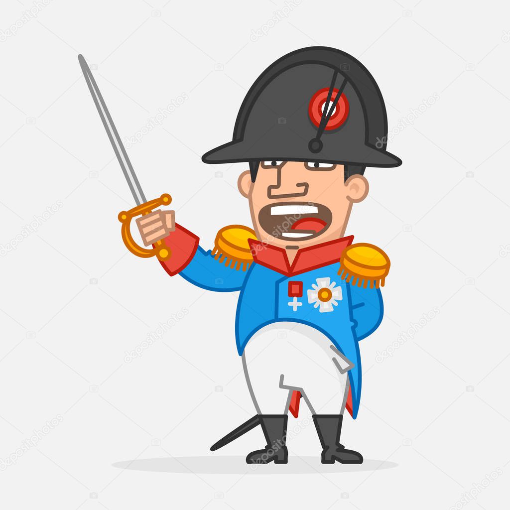 Napoleon Bonaparte holds sword and shouts. Funny character