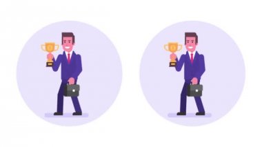 İş adamı yürüyüşleri kupa ve gülümseyen tutar. Animasyon simgesi. Döngü animasyonu. Beyaz arka plan