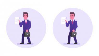 İşadamı yürüyüşler belge ve gülümseyen tutar. Animasyon simgesi. Döngü animasyonu. Beyaz arka plan