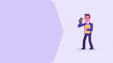 İşadamı klasör tutar ve telefona konuşuyor. Video kavramı. Döngü animasyon