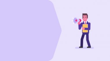 İşadamı klasör tutar ve megafon konuşuyor. Video kavramı. Döngü animasyon