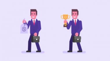 İşadamı, bavul, çanta para ve Kupası tutar. Alfa kanalı. Karakter animasyon kümesi. Döngü animasyon