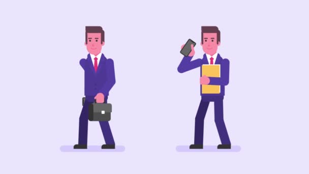 Businessman Holds Suitcase Folder Speaks Phone Alpha Channel Character Animation — Stock Video