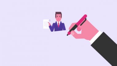 El berabere. İşadamı belge ve puan parmak tutar. Video konsepti. Döngü animasyonu. Hareket grafikleri