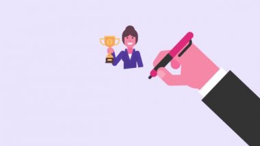 El çeker. İş kadını elinde bardak ve gülümsüyor. Video konsepti. Döngü animasyonu. Hareketli grafikler