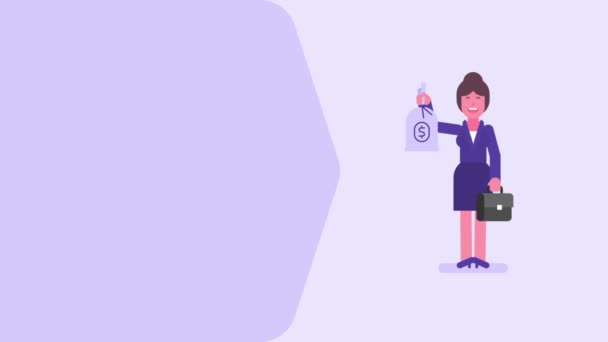 Mujer Negocios Tiene Dinero Sonríe Concepto Vídeo Animación Loop Gráficos — Vídeo de stock