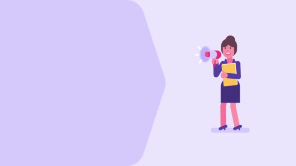 Mujer Negocios Sostiene Carpeta Habla Megáfono Concepto Vídeo Animación Loop — Vídeo de stock