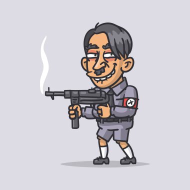 Hitler makineli tüfek tutuyor ve gülümsüyor. Komik karakter