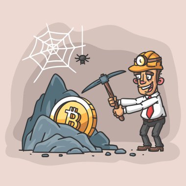 İşadamı bitcoin madeni. İllüstrasyon rock Bitcoin işadamı