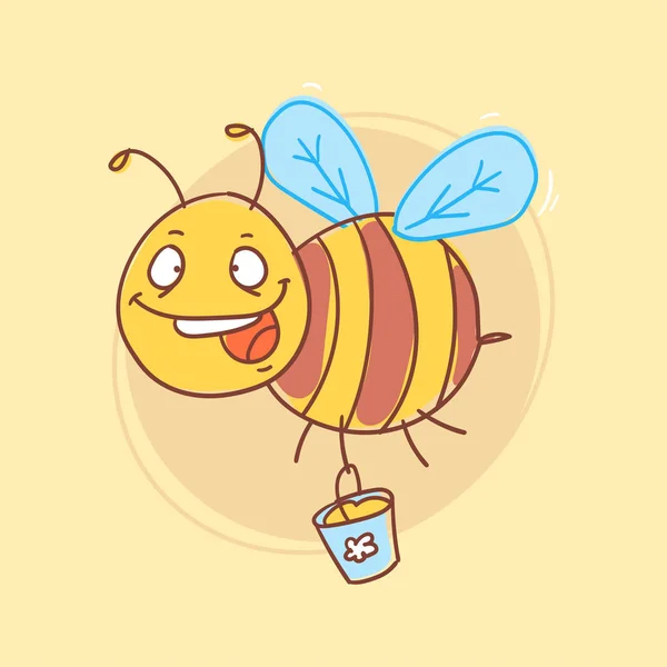 Bee cheerful holds bucket of honey and smiles. Funny character — Stock Vector