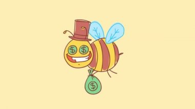 Arı neşeli para çantası tutar ve gülümsüyor. Komik bir karakter. Alfa kanalı. Hareketli grafikler