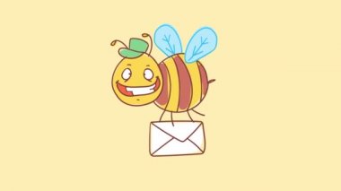 Arı mektubu tutuyor ve gülümsüyor. Komik bir karakter. Alfa kanalı. Hareketli grafikler