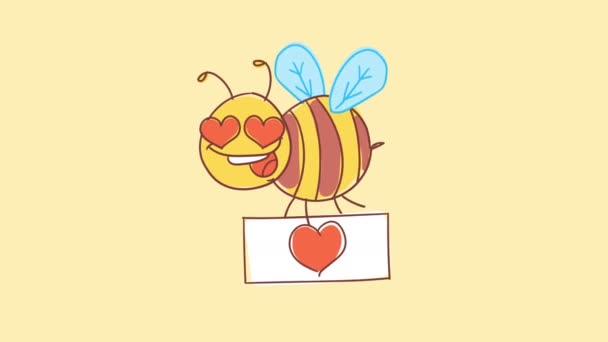 Bee Holding Sign Heart Smiling Funny Character Alpha Channel Motion — Stock Video