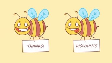 Bee yazıt teşekkür ve indirimler ile işareti tutarak. Komik bir karakter. Alfa kanalı. Hareketli grafikler
