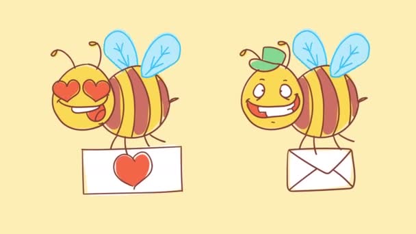 ミツバチは心を持って看板を持ち 手紙を持っている おかしなキャラクター アルファチャンネル モーショングラフィックス — ストック動画