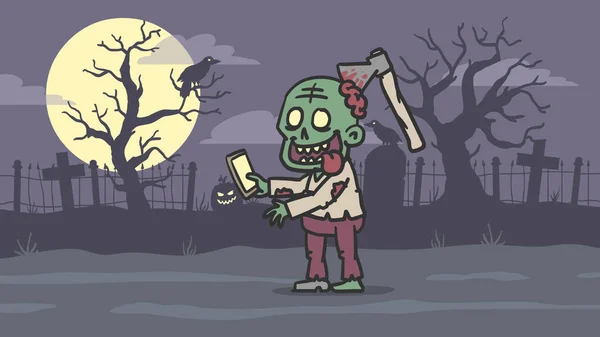 Zombie sosteniendo el teléfono y sonriendo contra el fondo del cementerio — Vector de stock