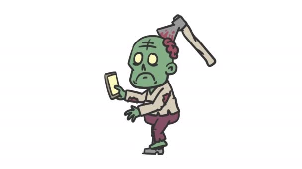 Zombie Holds Phone Walks Alpha Channel Loop Animation — Stock Video