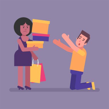 Erkek, Afro-Amerikalı bir kadının önünde diz çöküyor. Kavram. Vektör İllüstrasyonu