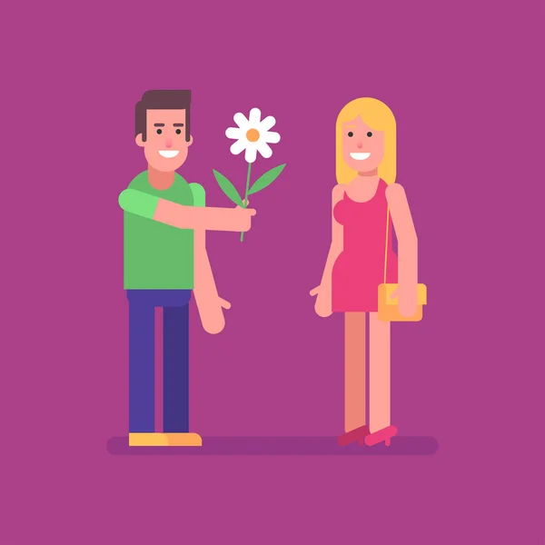 Άντρας Δίνει Λουλούδια Στη Γυναίκα Και Χαμογελάει Επίπεδοι Άνθρωποι Εικονογράφηση — Διανυσματικό Αρχείο