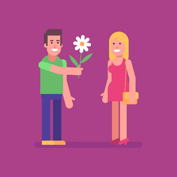 Hombre Dando Flor Mujer Sonrisa Gente Plana Ilustración Vectorial — Archivo Imágenes Vectoriales