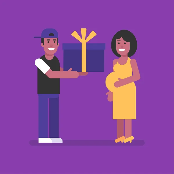 African American Man Gives His Pregnant Wife Big Gift Flat — Stock Vector