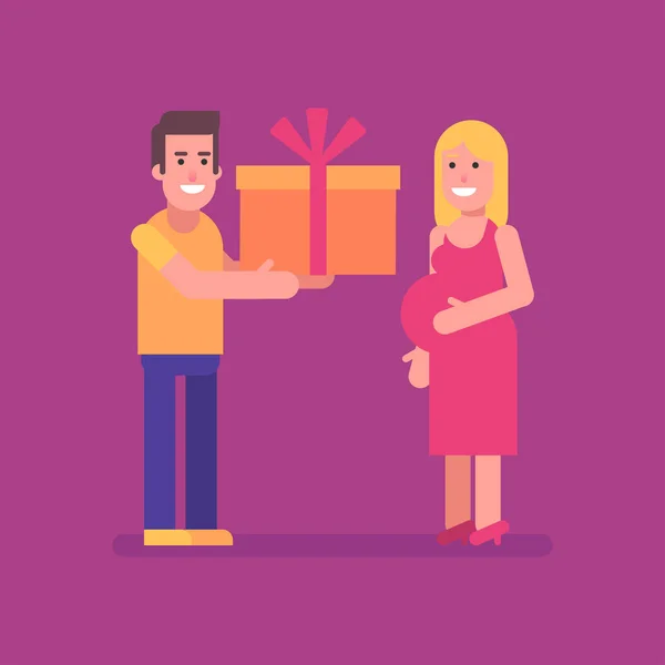 Man Gives His Pregnant Wife Big Gift Flat People Vector — Stock Vector