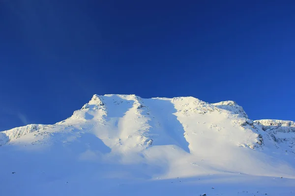 Góra Śniegu Usiana Ścieżkami Snowboardowymi Tle Błękitnego Nieba — Zdjęcie stockowe